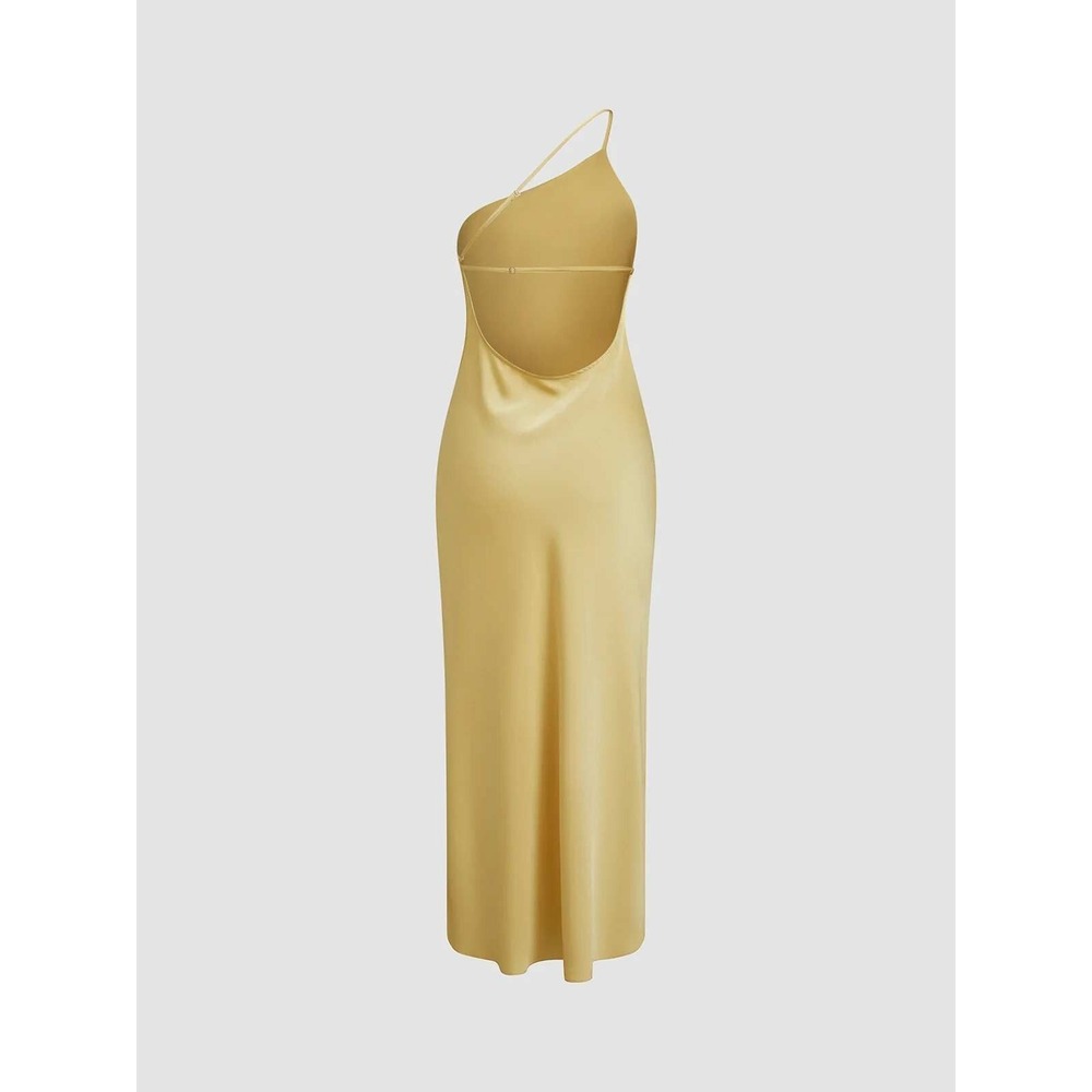 Commense Golden Yellow One Shoulder Satin Backless Maxi Dress with Side Slit S - Picture 11 of 14